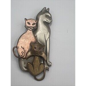 Vintage CAT PIN Signed K&T 3 Cats Brass Pewter Copper Tone Silver tone Brooch 3”